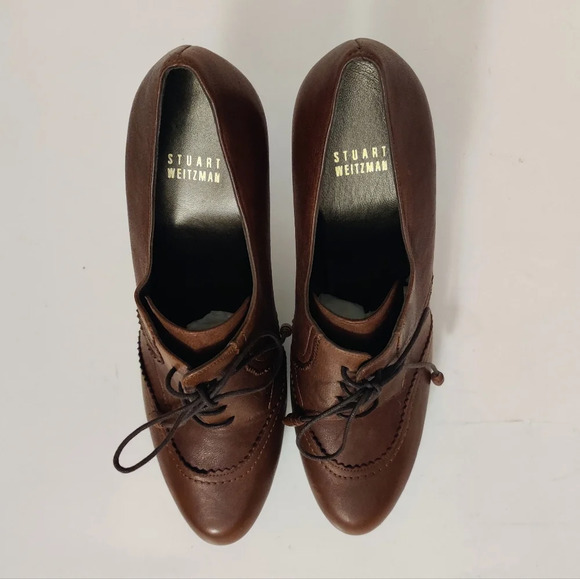 STUART WEITZMAN Leather Oxford Heel Booties 10 Brown Brogue Platform Lace-up New - Picture 6 of 14